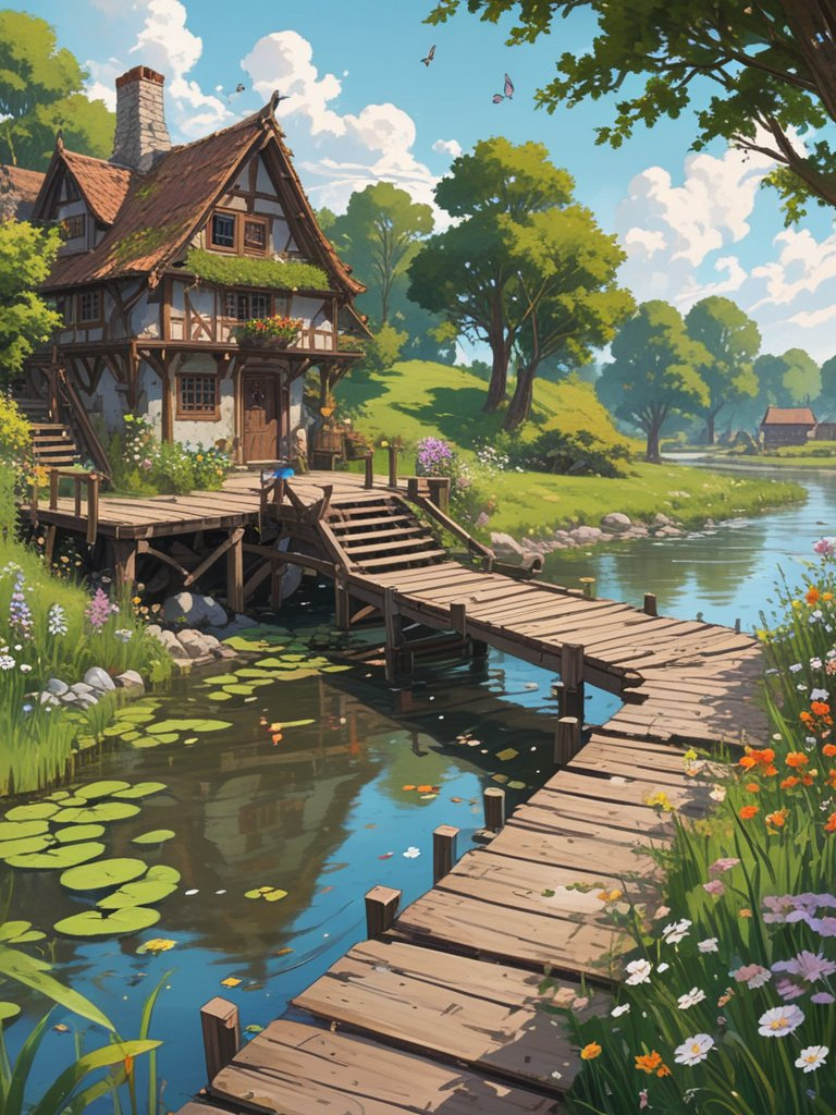 A serene village by a river, adorned with a wooden jetty, lush greenery, and dancing butterflies, exudes tranquility.
