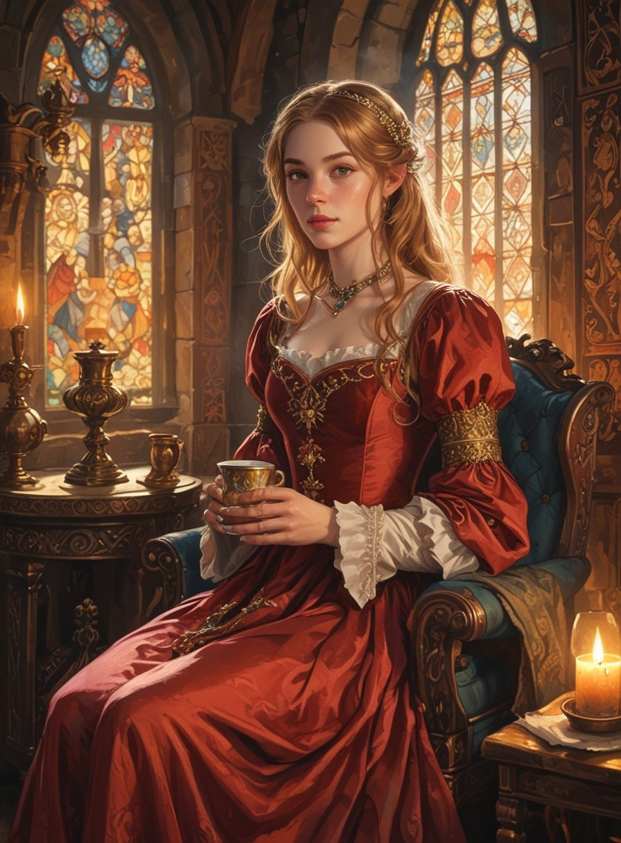 A royal-inspired scene features a maiden in velvet, holding a mug, with golden light illuminating medieval furnishings and tapestries.