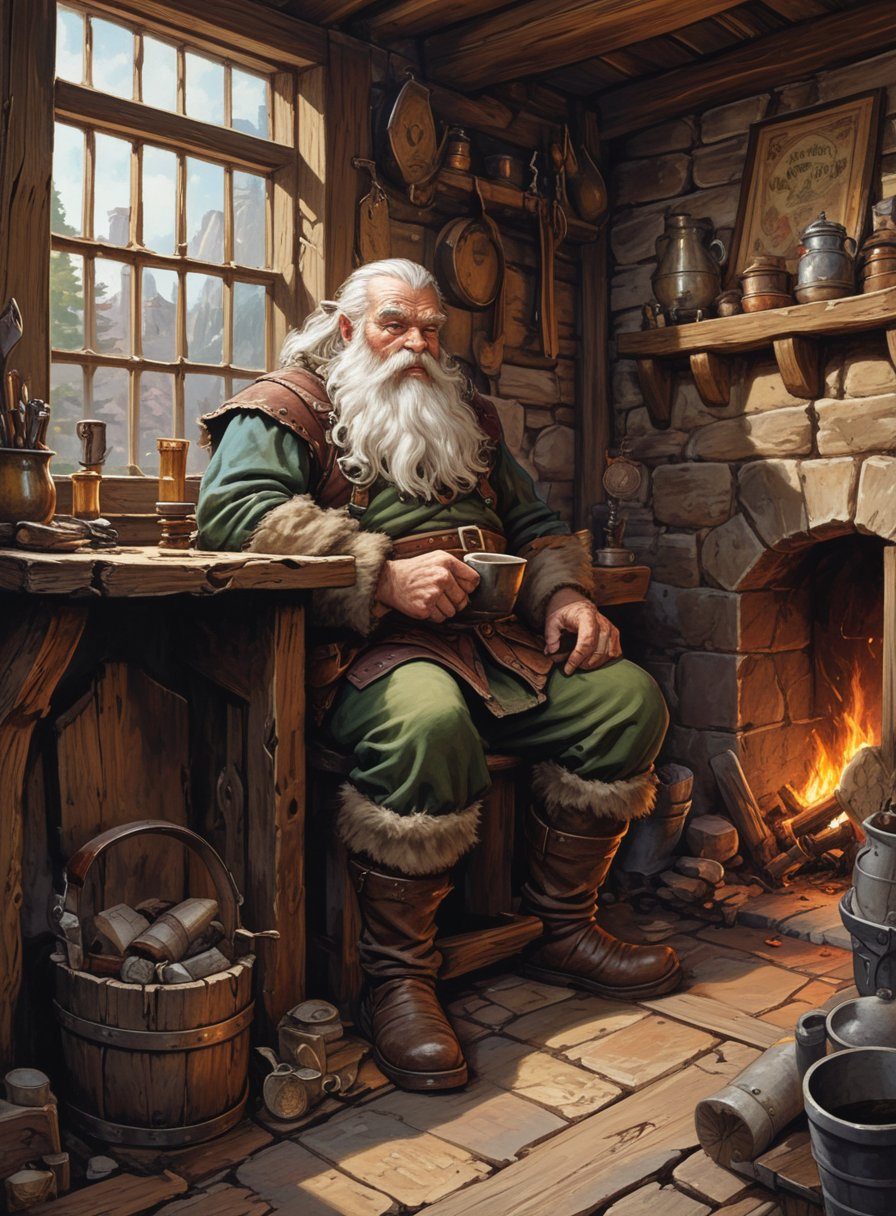 An elderly dwarf, unkempt with a thick white beard, sits on a small, rickety chair by the hearth, sipping from a wooden mug in a simple cabin with exposed brick walls and wooden beams from the windows.