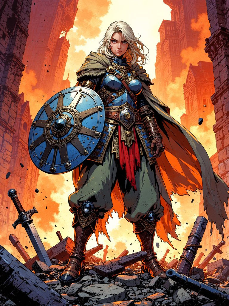 A muscular female warrior triumphantly stands over defeated foes, shield and tattered cloak testament to her victory.