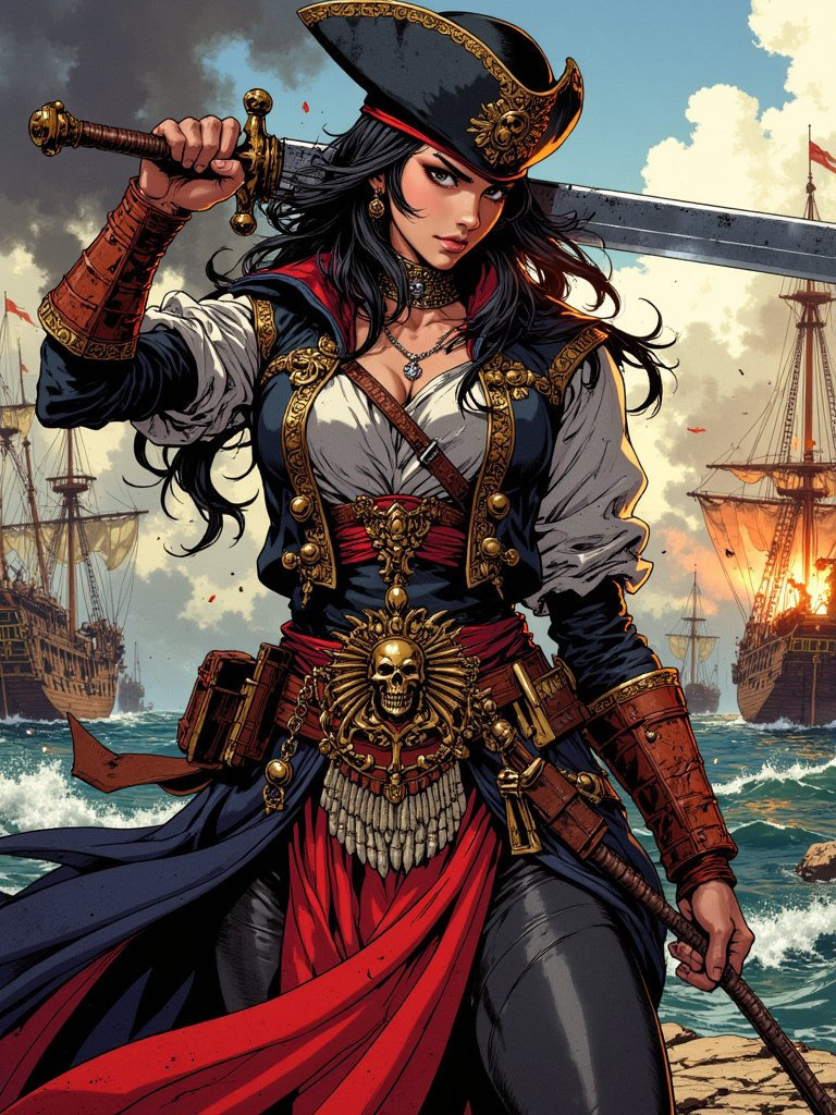 A relentless female pirate captain, armed with an immense cutlass, stands defiant amidst the chaos and destruction of a naval battle, a sadistic smile on her face.
