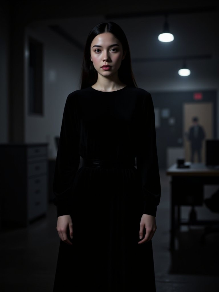 In a dimly lit post office, a girl in a black dress navigates the night.