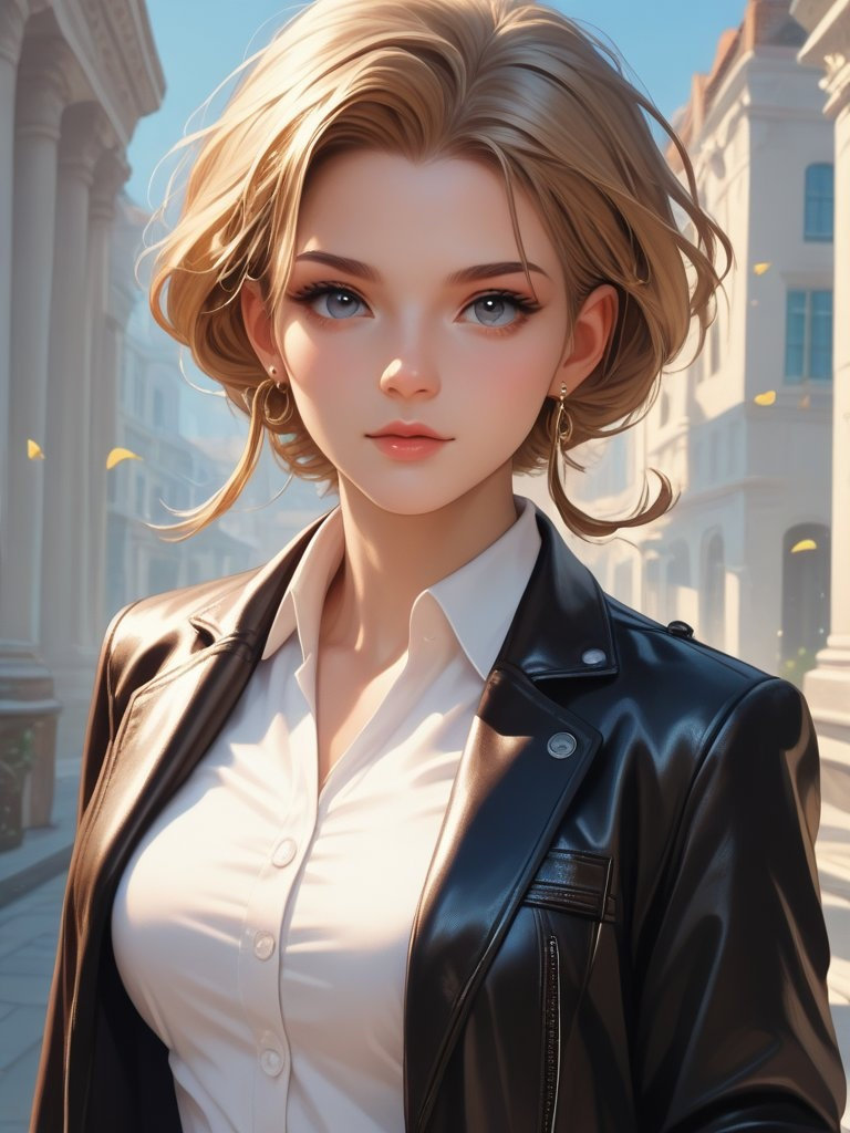 A woman in a leather jacket navigates the bustling streets of New York City.