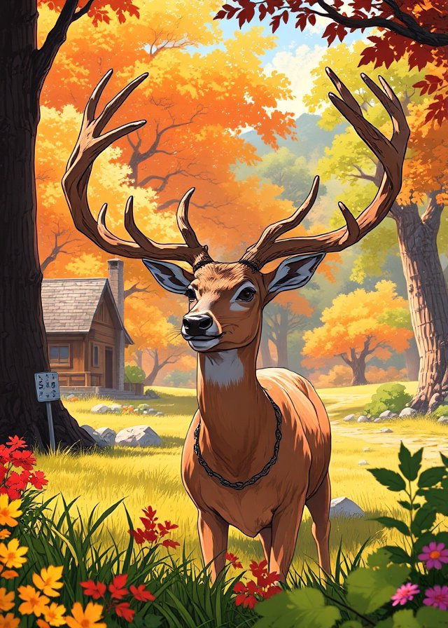 A majestic deer with impressive antlers and a muscular build emerges from dense autumn foliage into a serene woodland glade.