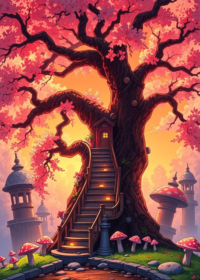 In a sun-kissed forest, a magical tree with glowing steps and a tiny red house stands amidst colorful mushrooms and ethereal curtains.