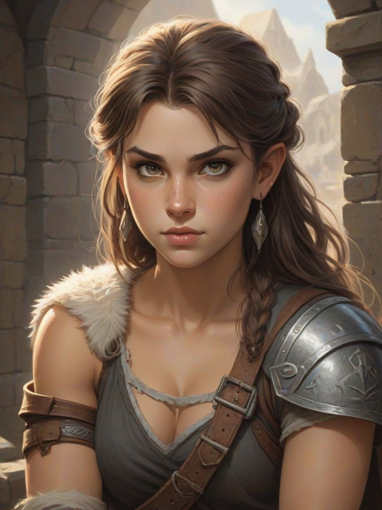 A tomboyish medieval female with hazel eyes, captured in soft shading and an aerial perspective, looking away.