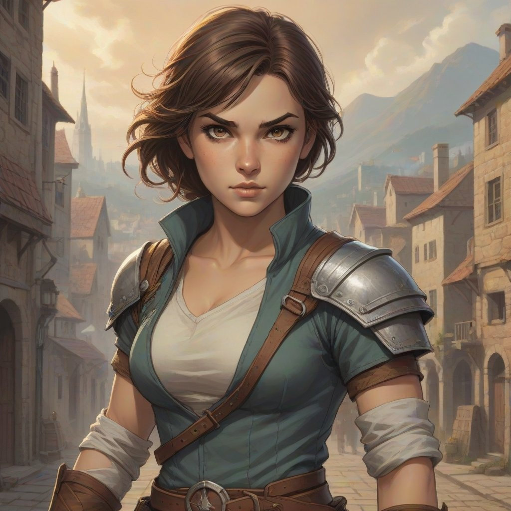 A tomboyish fighter from a small town, with a determined fighting stance and striking hazel eyes.