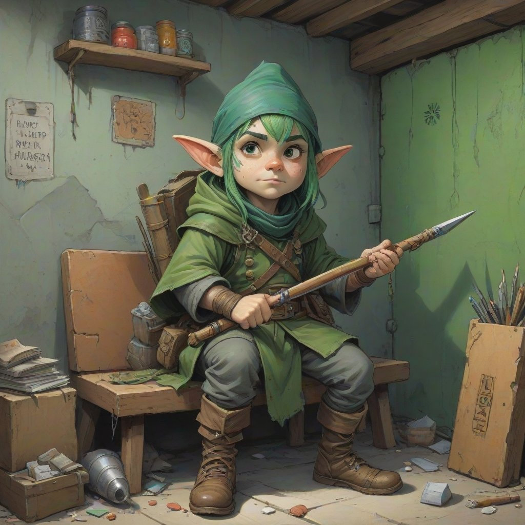 A gnome ranger with green hair, camouflage cloak, and a longbow peeks out from behind a couch in a graffiti-covered backroom.