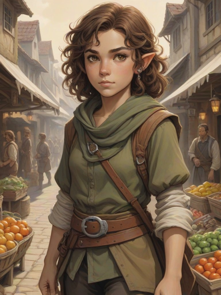 A halfling rogue, dressed in earthy tones, navigates an old village market.