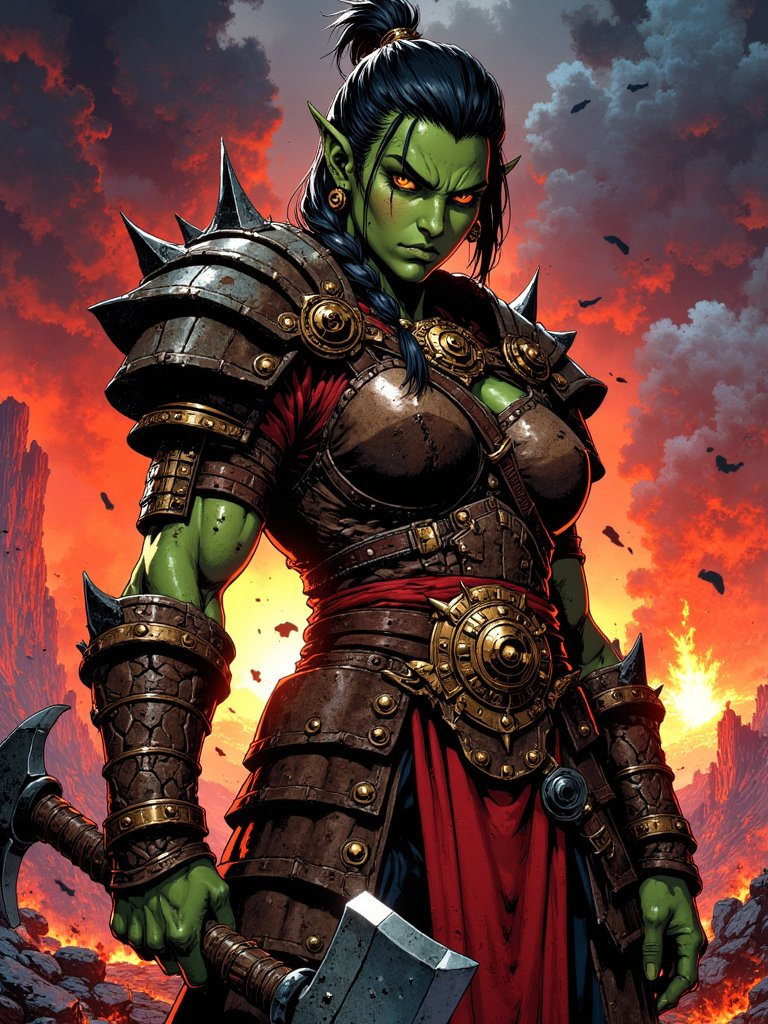 A muscular, spiked-armor-clad orc woman with a massive greataxe and fierce yellow eyes traverses a volcanic wasteland under ash-laden skies.